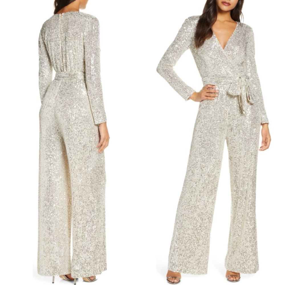 ELIZA J SEQUIN WRAP FRONT JUMPSUIT